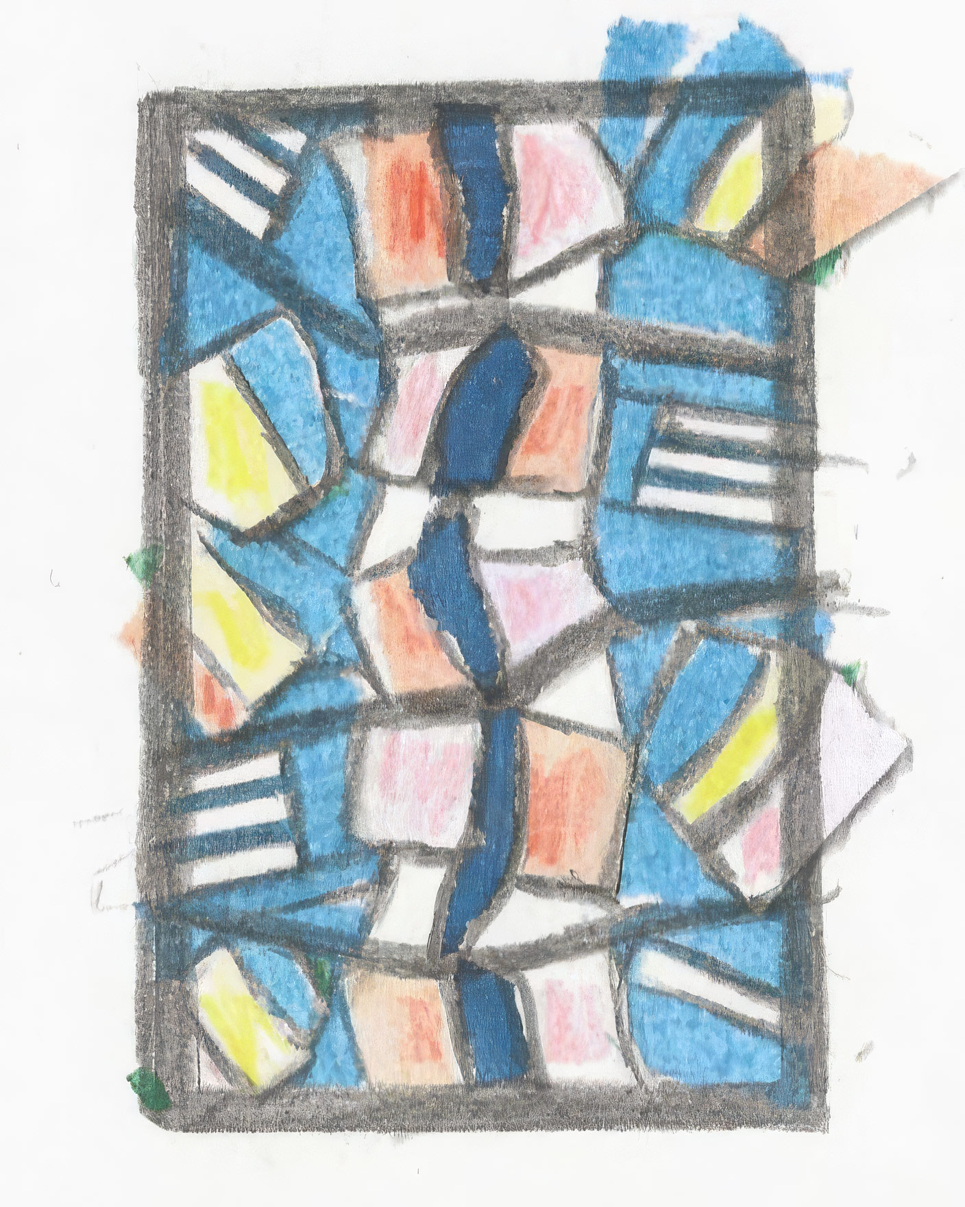 Esquisse préparatoire au crayon de couleur pour un vitrail rectangulaire abstrait, composé d'un réseau de lignes sombres délimitant des formes géométriques bleues, roses, jaunes et orange.