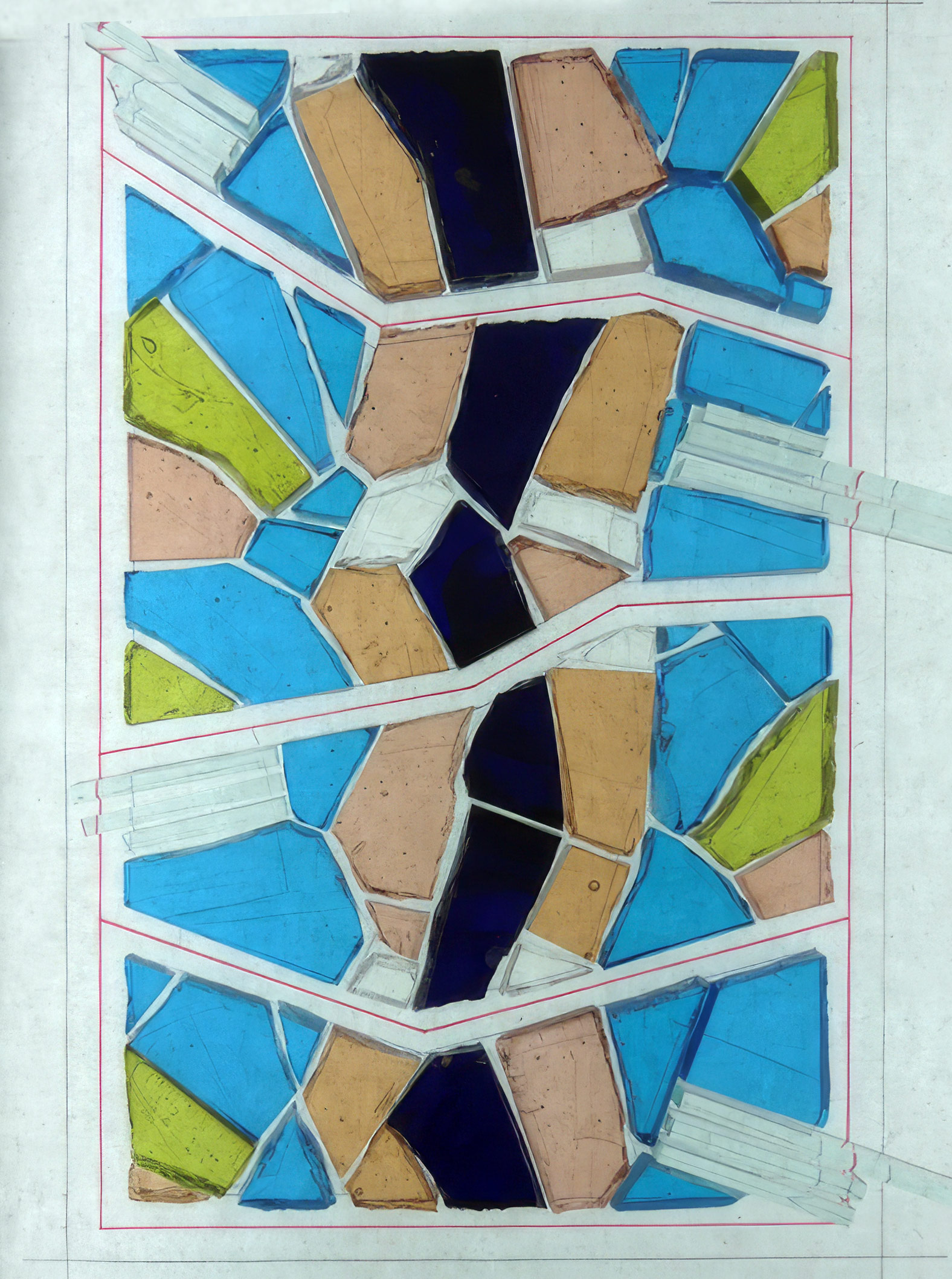 Vue d'un plan d'assemblage technique entièrement rempli d'échantillons de dalles de verre taillées bleues, ambre, vertes et roses, disposées de manière adjacente dans les compartiments géométriques d'un panneau.