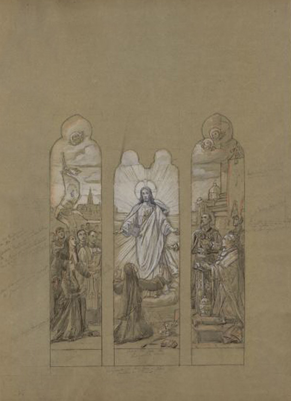Dessin préparatoire aux tons neutres présentant un triptyque de baies cintrées pour un vitrail, centré sur le Sacré-Cœur de Jésus rayonnant entouré de personnages en prière et de figures religieuses.
