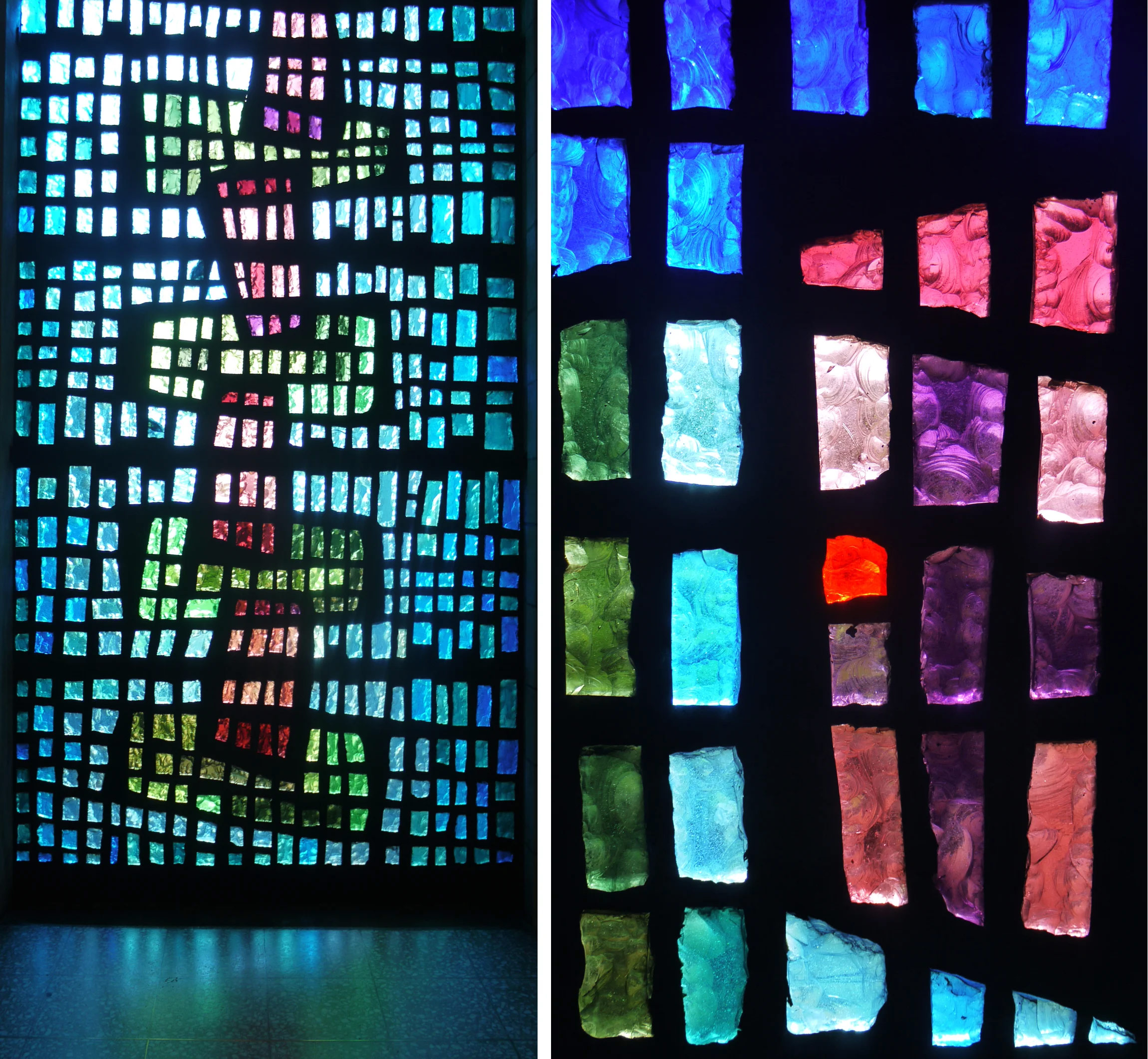 Vue comparative montrant à gauche un grand mur en dalle de verre éclairé composé d'une grille de pavés multicolores et à droite un gros plan rapproché sur l'épaisse structure en ciment enserrant les dalles de verre aux teintes bleues, vertes, roses et rouges.