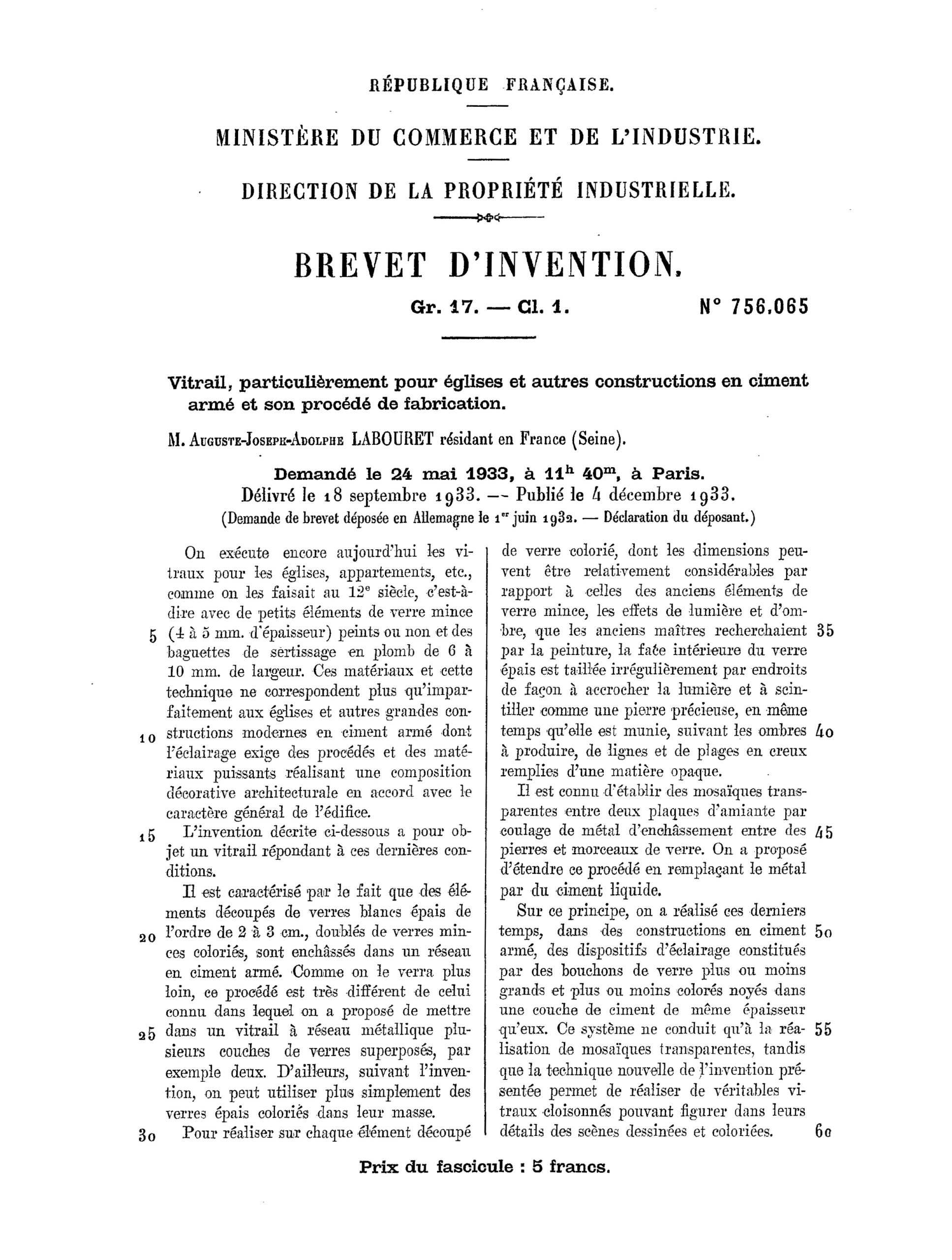 Document officiel de la République française présentant un brevet d'invention accordé en 1933 à Auguste-Jean-Augustin Labouret pour un procédé de fabrication de vitraux en ciment armé.