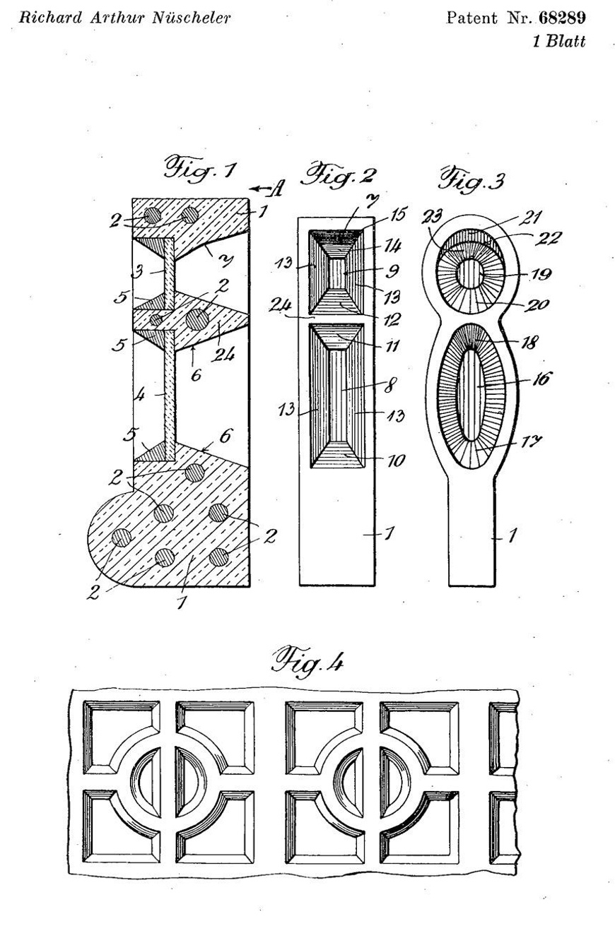 Schéma technique d'un brevet d'invention de Richard Arthur Nüscheler présentant quatre figures numérotées décrivant la structure géométrique et la coupe d'éléments de vitrail.