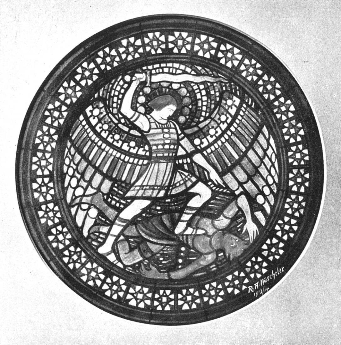 Vitrail circulaire en noir et blanc représentant un ange armé d'une épée terrassant un démon, entouré d'une bordure géométrique.